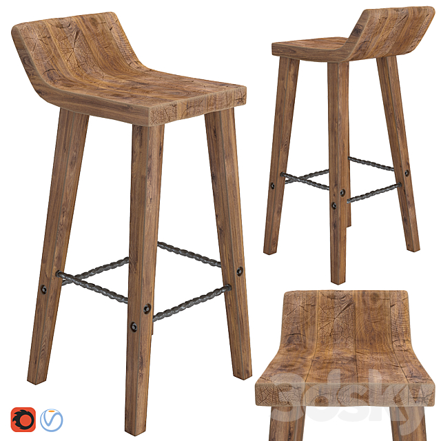 West elm Hewn Wood Bar Stool 3ds Max - thumbnail 1