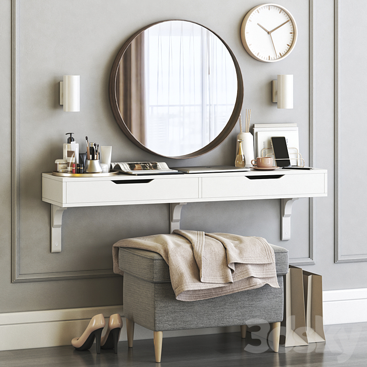 IKEA ALEX dressing table with STRANDMON ottoman and STOCKHOLM round mirror 3DS Max - thumbnail 1