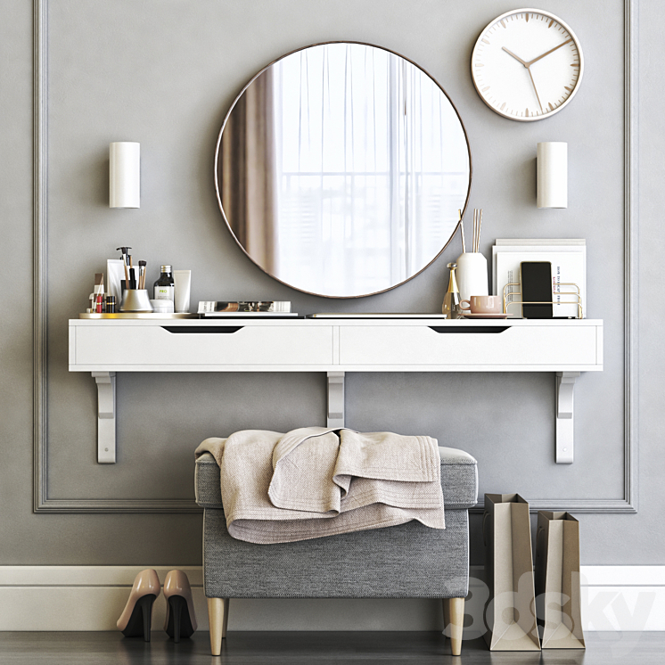 IKEA ALEX dressing table with STRANDMON ottoman and STOCKHOLM round mirror 3DS Max - thumbnail 2