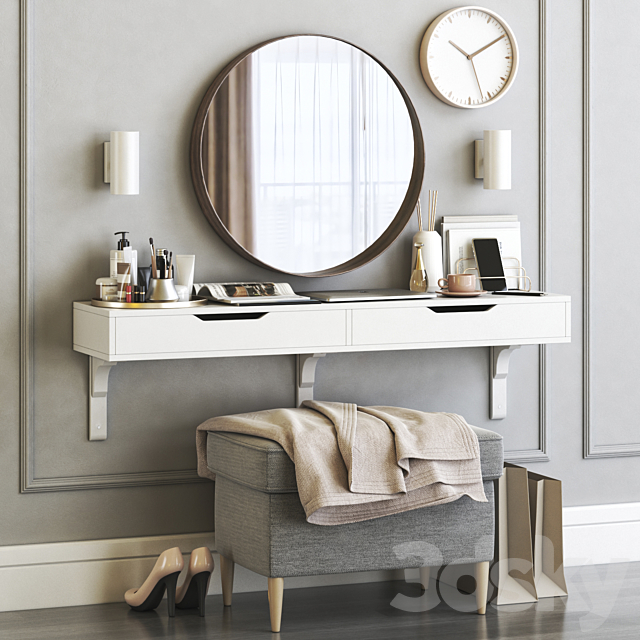 IKEA ALEX dressing table with STRANDMON ottoman and STOCKHOLM round mirror 3DSMax File - thumbnail 1