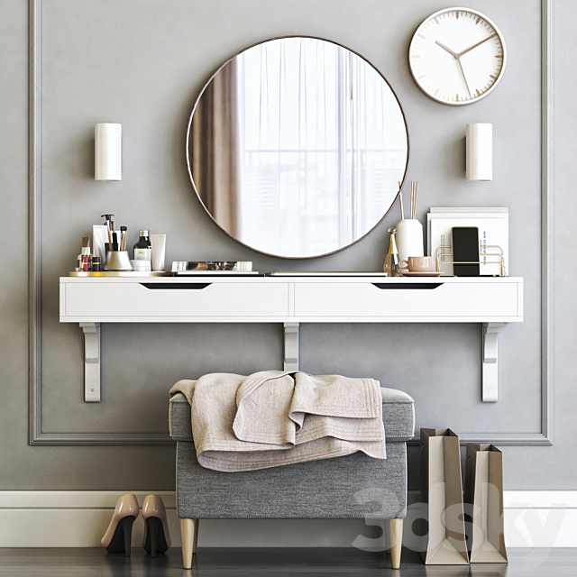 IKEA ALEX dressing table with STRANDMON ottoman and STOCKHOLM round mirror 3DSMax File - thumbnail 2