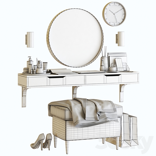 IKEA ALEX dressing table with STRANDMON ottoman and STOCKHOLM round mirror 3DSMax File - thumbnail 3