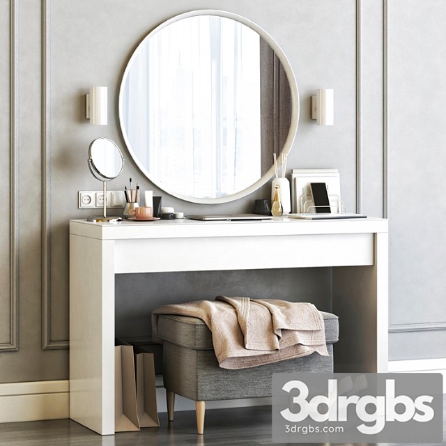Ikea malm dressing table with langesund round mirror and strandmon gray ottoman 2 3dsmax Download - thumbnail 1