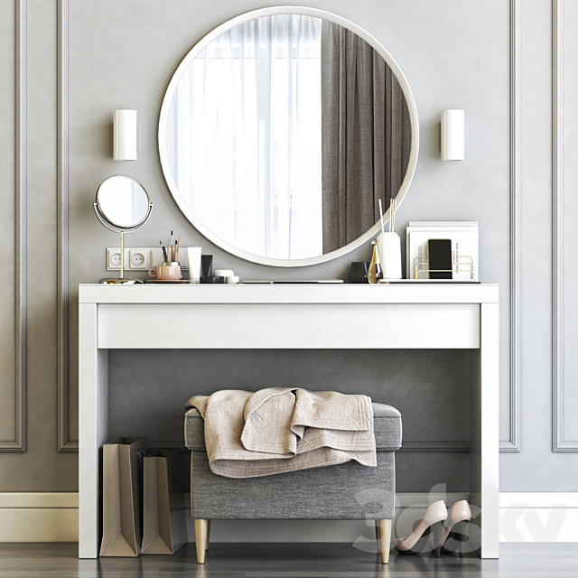 Ikea Malm Dressing Table with Langesund Round Mirror and Strandmon Gray Ottoman 3DS Max Model - thumbnail 2