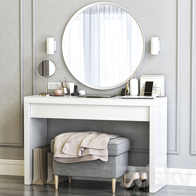 Ikea Malm Dressing Table with Langesund Round Mirror and Strandmon Gray Ottoman 3DS Max Model - thumbnail 3