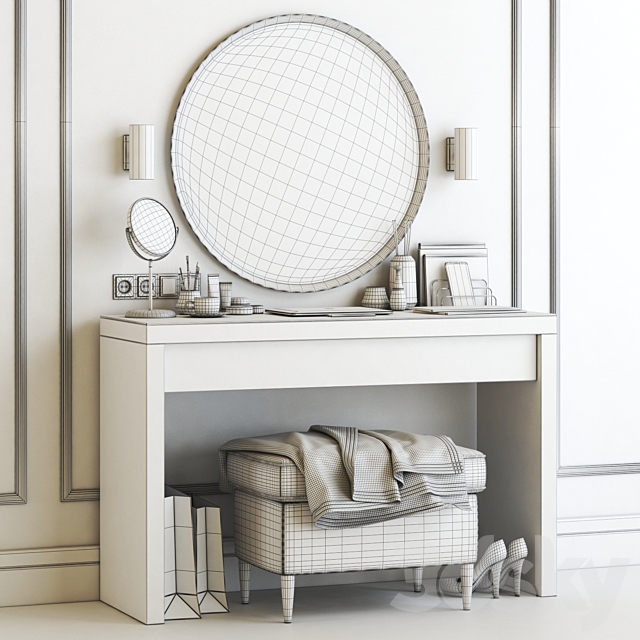 Ikea Malm Dressing Table with Langesund Round Mirror and Strandmon Gray Ottoman 3DS Max Model - thumbnail 4