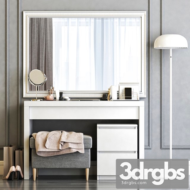 Ikea malm dressing table with songe wall mirror and strandmon gray ottoman 2 3dsmax Download - thumbnail 1