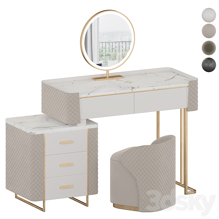 Luxury Makeup Vanity Set with LED Lighted Mirror Side Cabinet and 5 Drawers Modern Sintered Stone Dressing Table with Stool for Bedroom 3DS Max Model - thumbnail 1