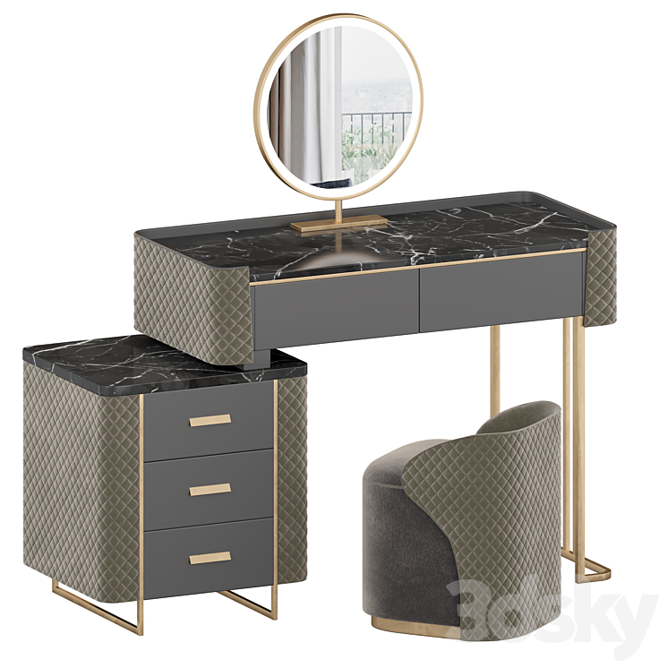 Luxury Makeup Vanity Set with LED Lighted Mirror Side Cabinet and 5 Drawers Modern Sintered Stone Dressing Table with Stool for Bedroom 3DS Max - thumbnail 2