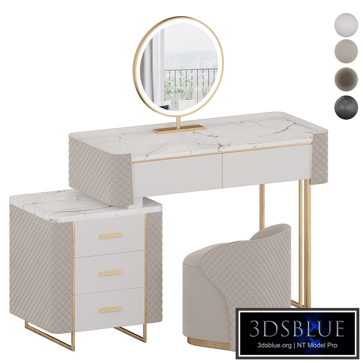 Luxury Makeup Vanity Set with LED Lighted Mirror Side Cabinet and 5 Drawers Modern Sintered Stone Dressing Table with Stool for Bedroom 3DS Max - thumbnail 3