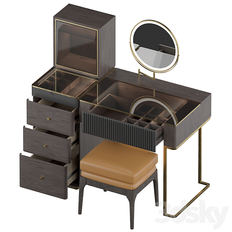 Wood Makeup Vanity Table Set with LED 3DS Max Model - thumbnail 2