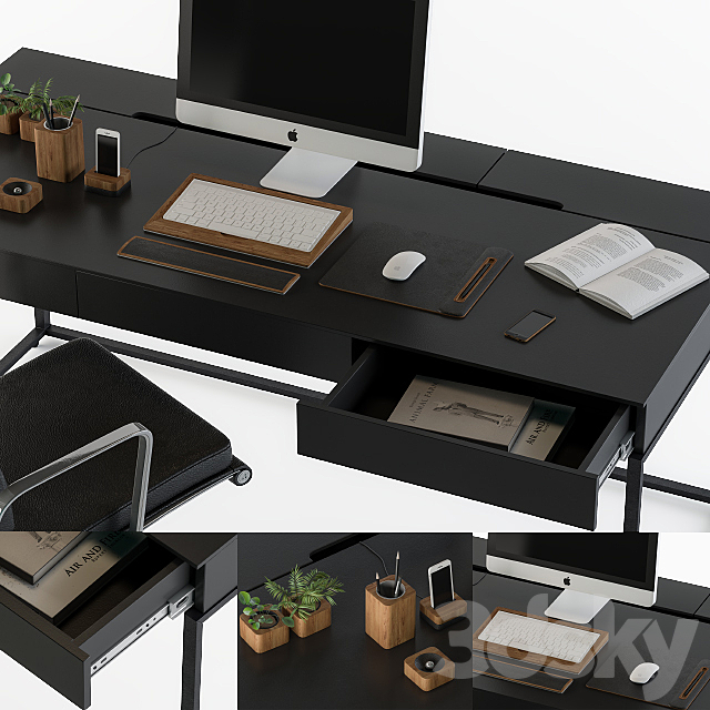 black office desk set 3DS Max Model - thumbnail 2