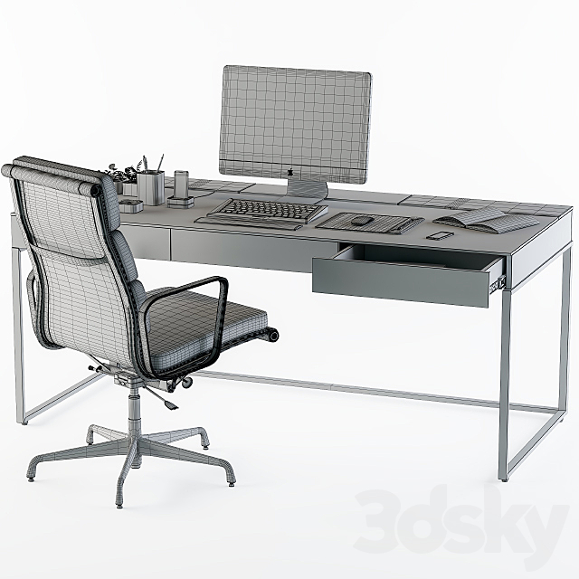 black office desk set 3DS Max Model - thumbnail 3