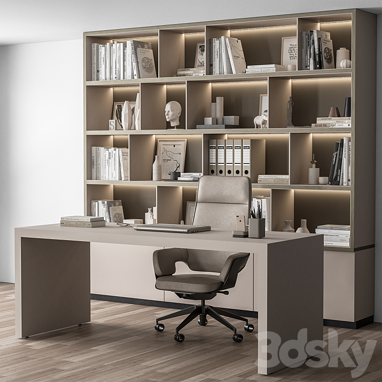 Boss Desk and Library Beige – Office Furniture 319 3DS Max Model - thumbnail 1