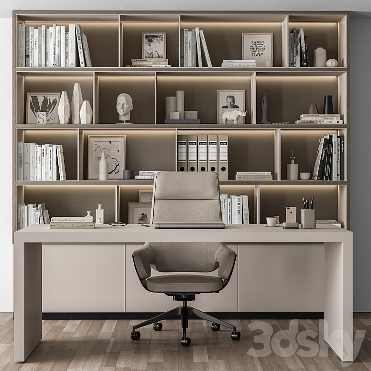 Boss Desk and Library Beige – Office Furniture 319 3DS Max - thumbnail 2