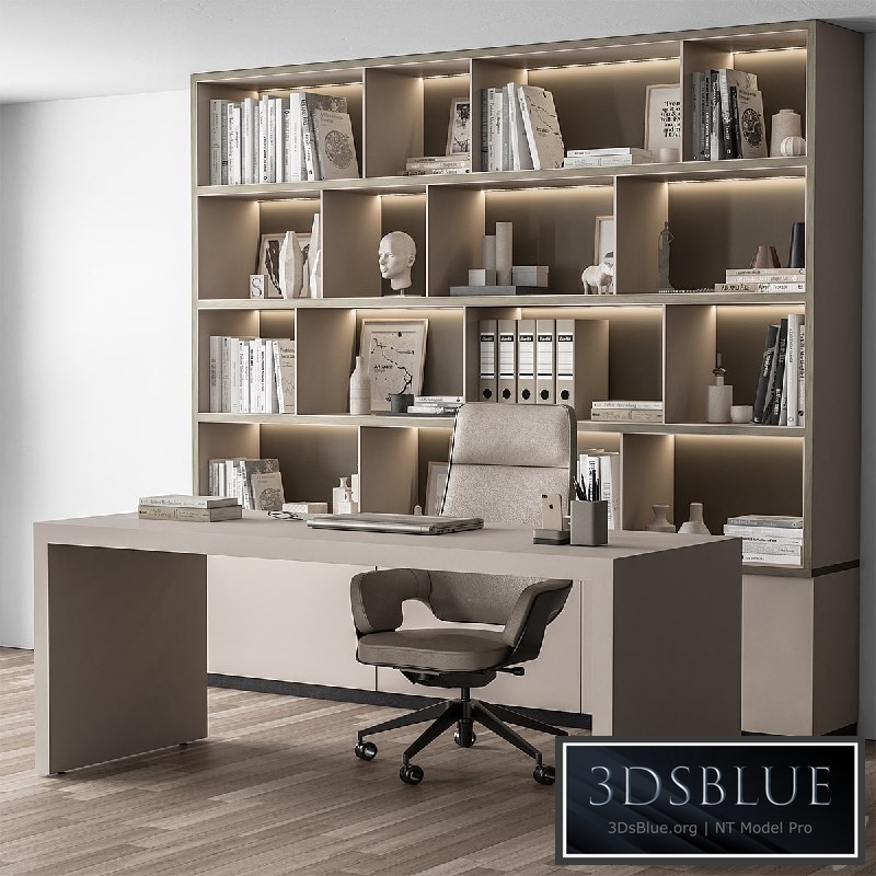 Boss Desk and Library Beige – Office Furniture 319 3DS Max - thumbnail 3