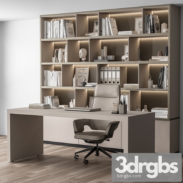 Boss Desk And Library Beige Office Furniture 319 3dsmax Download - thumbnail 1