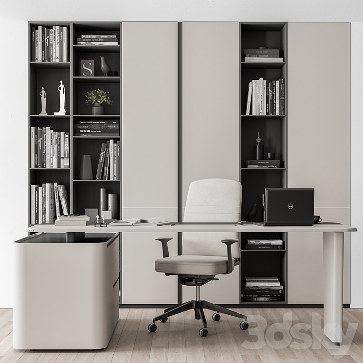 Boss Desk with Library Black and White Table – Office Furniture 285 3DS Max Model - thumbnail 1