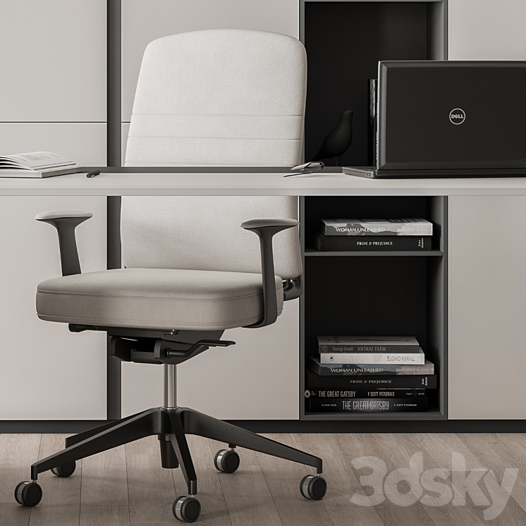 Boss Desk with Library Black and White Table – Office Furniture 285 3DS Max - thumbnail 2