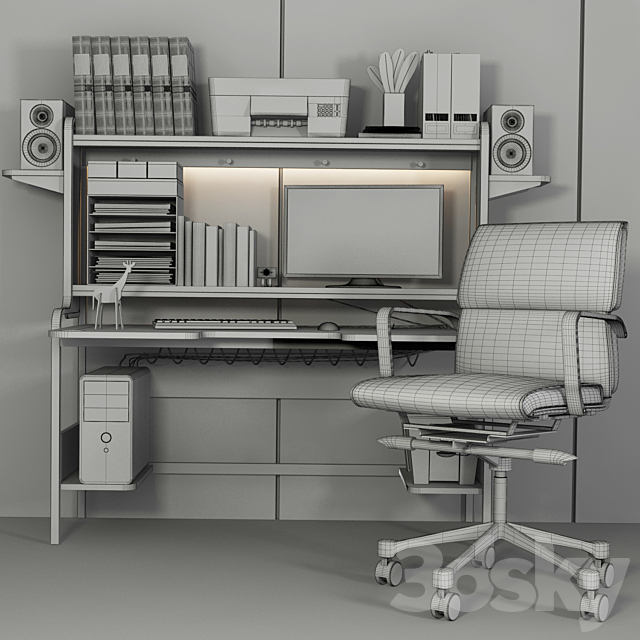 Collection of office furniture for home and stationery. Computer table and chair 3DS Max Model - thumbnail 2