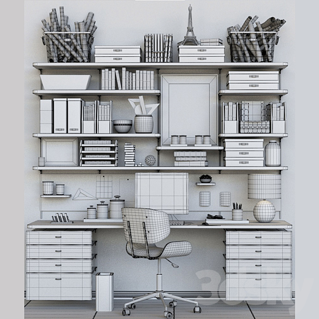 Collection of office furniture. Table with chair and stationery 10 3DS Max Model - thumbnail 2