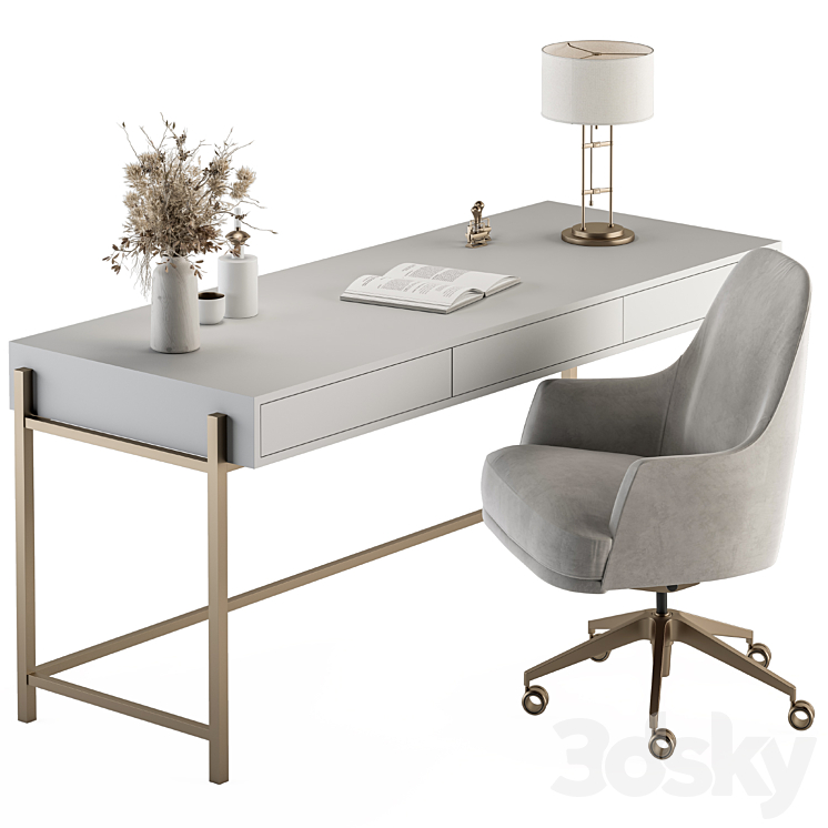 Home Office white and Gold Table – Office Furniture 282 3DS Max Model - thumbnail 3