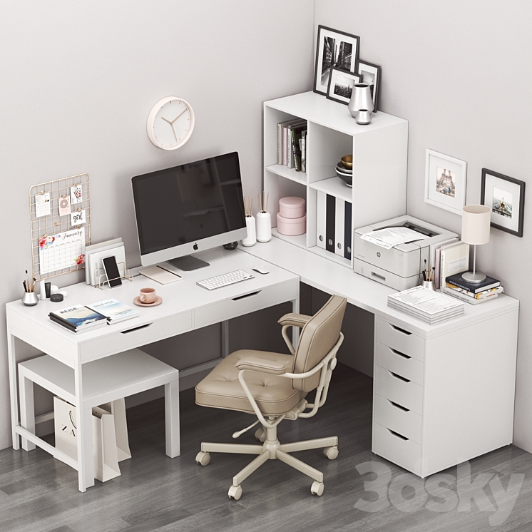 IKEA corner workplace with ALEX table and ALEFJALL chair 3DS Max - thumbnail 1