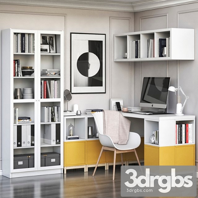 Ikea corner workplace with eket storages and billy oxberg bookcase 2 3dsmax Download - thumbnail 1