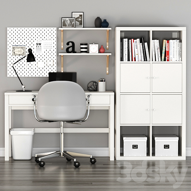 IKEA HEMNES Workplace and KALLAX shelf unit with FRITZHANSEN N02 Swivel armchair 3DS Max Model - thumbnail 2