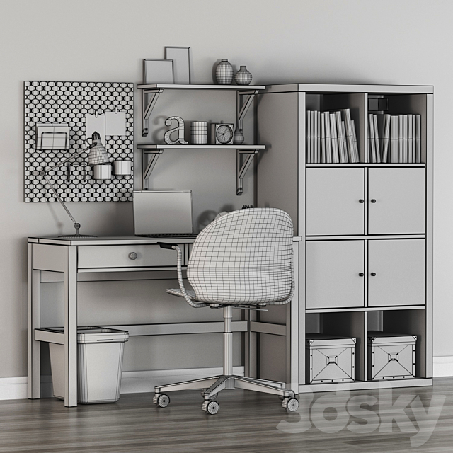 IKEA HEMNES Workplace and KALLAX shelf unit with FRITZHANSEN N02 Swivel armchair 3DS Max Model - thumbnail 3