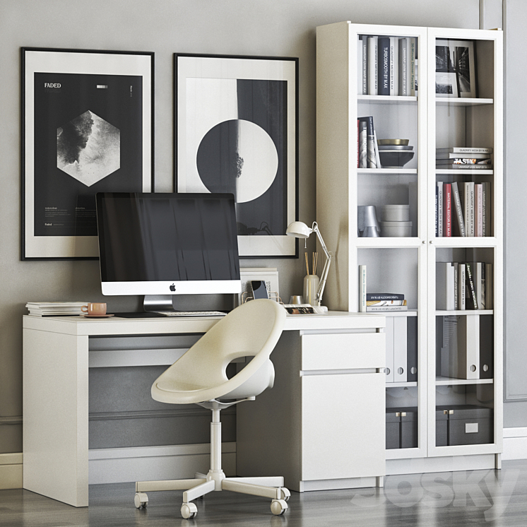 IKEA MALM workplace with LOBERGET chair and BILLY OXBERG bookcase 3DS Max - thumbnail 1