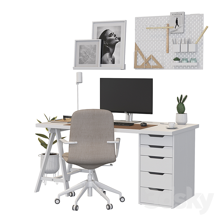 Ikea office workplace white A01 3DS Max - thumbnail 2