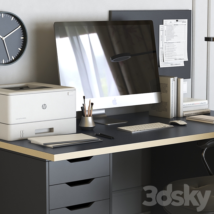 IKEA office workplace with ALEX table and ALEFJALL chair 3DS Max - thumbnail 2