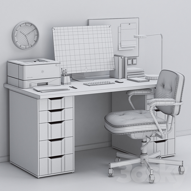 IKEA office workplace with ALEX table and ALEFJÄLL chair 3DSMax File - thumbnail 3