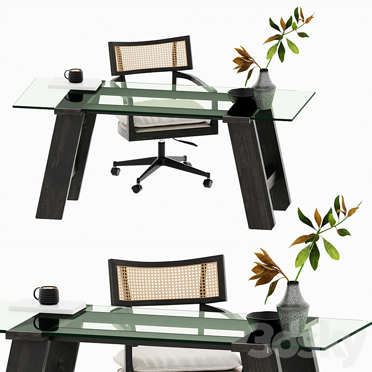 Libby Cane Desk Chair and Madison Glass table 3DS Max Model - thumbnail 1