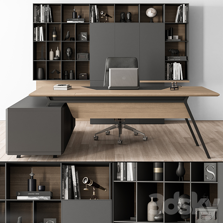 Manager Desk and Library Wood and Black – Office Furniture 266 3DS Max Model - thumbnail 1