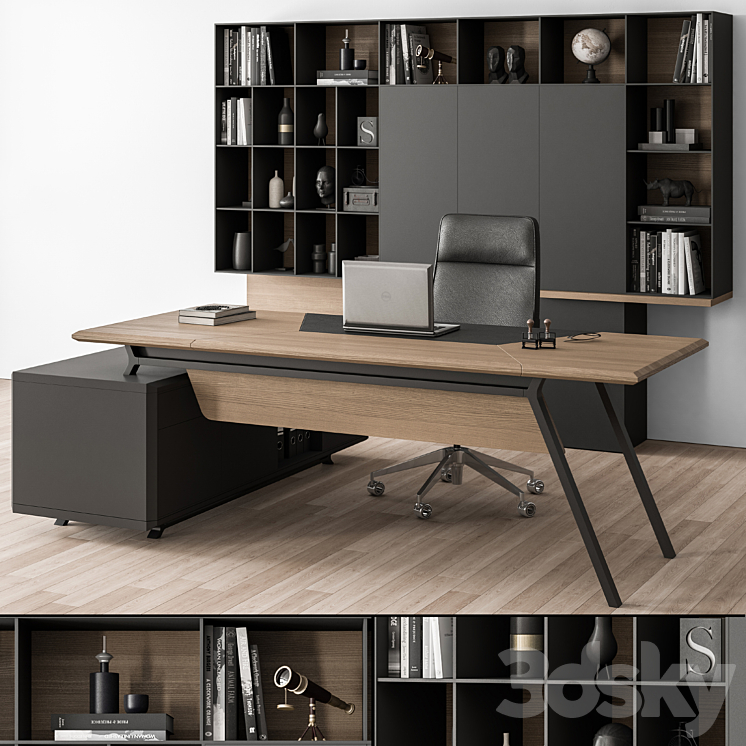 Manager Desk and Library Wood and Black – Office Furniture 266 3DS Max Model - thumbnail 2