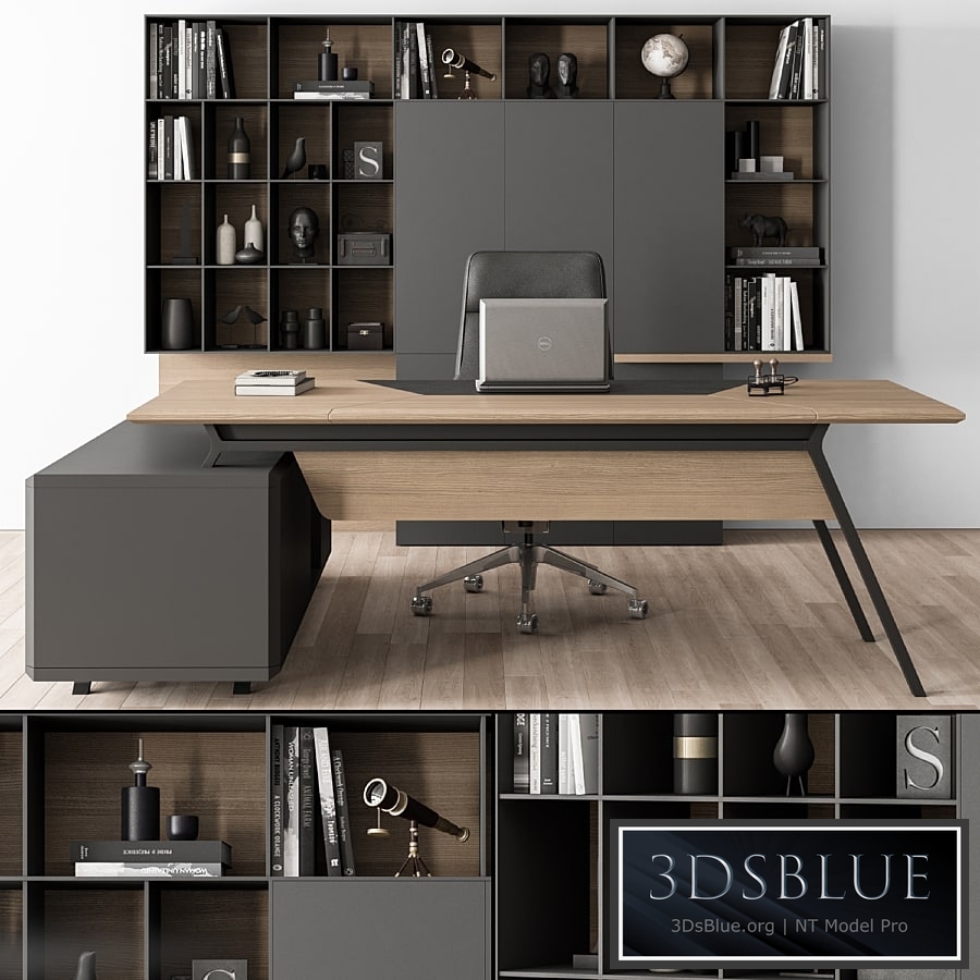 Manager Desk and Library Wood and Black – Office Furniture 266 3DS Max - thumbnail 3