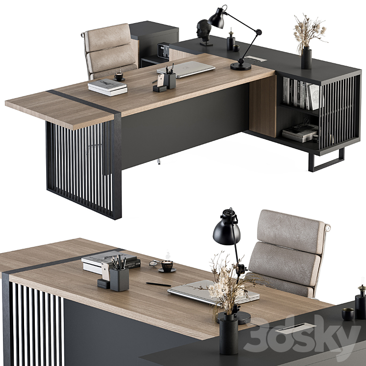 Manager Desk Wood and Black – Office Furniture 264 3DS Max Model - thumbnail 3