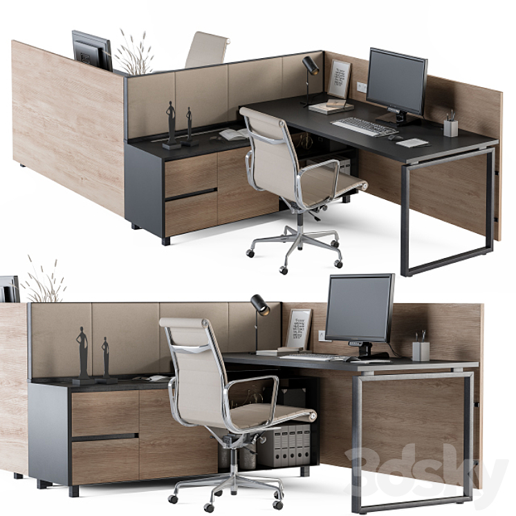 Office Desk Set Cream and Wood 3DS Max - thumbnail 1