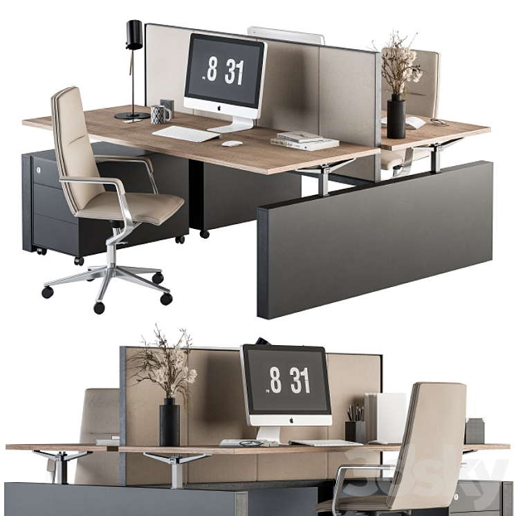 Office Furniture – employee Set Cream and Black 36 3DS Max Model - thumbnail 1