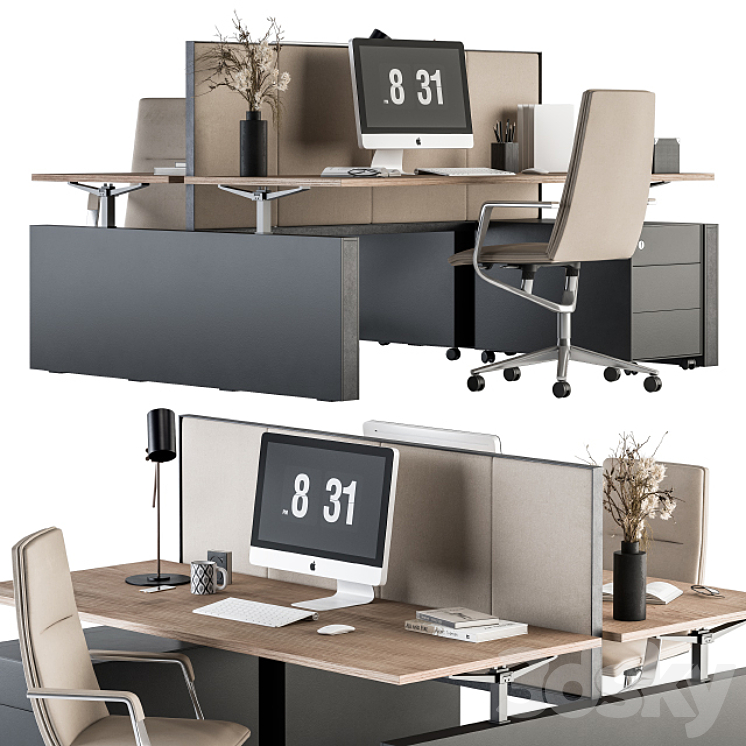 Office Furniture – employee Set Cream and Black 36 3DS Max Model - thumbnail 2