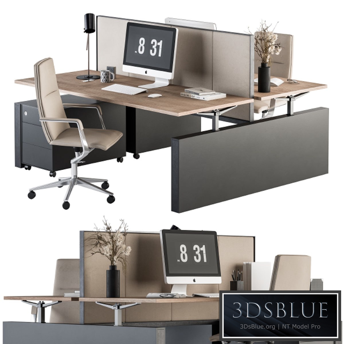 Office Furniture – employee Set Cream and Black 36 3DS Max - thumbnail 3