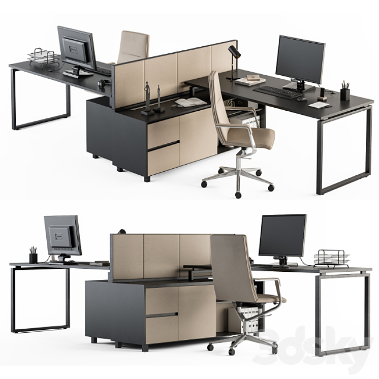 Office Furniture – employee Set Cream and Black 38 3DS Max Model - thumbnail 1