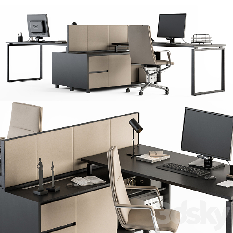 Office Furniture – employee Set Cream and Black 38 3DS Max Model - thumbnail 2