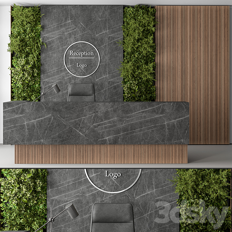 Reception Desk and Wall Decor with vertical Garden – Office Set 307 3DS Max Model - thumbnail 1