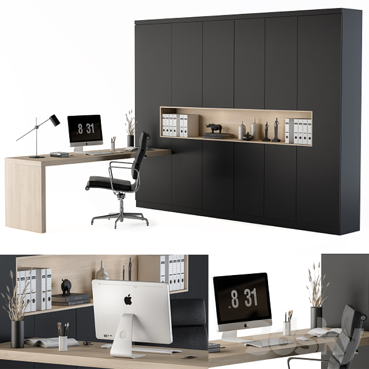 Workplace L Type Desk and Wardrobe Black 3DS Max - thumbnail 1