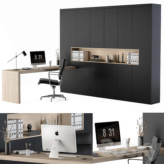 Workplace L Type Desk and Wardrobe Black 3DSMax File - thumbnail 1