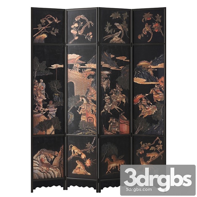 Chinese four-panel lacquered coromandel panel screen - thumbnail 1