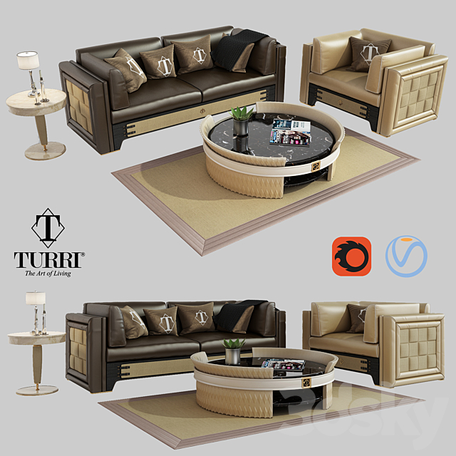 Turri NumeroTre sofa armchair and coffee table 3ds Max - thumbnail 1